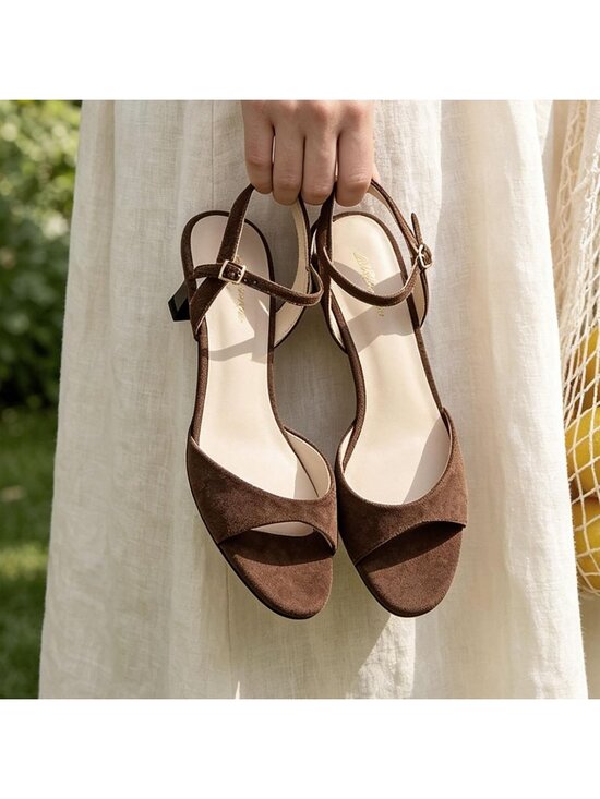 Women\'s Coffee Suede Round Open Toe 1.5 Inch Low Heels Ankle Strap Heel Sandals